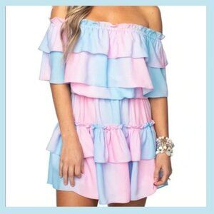 Buddy Love Blue and Pink Ruffle Kiera Mini Dress Sz L